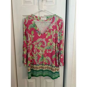 Pappagallo Women's Floral 3/4 Sleeve Boho Blouse Pink Green Size Large
